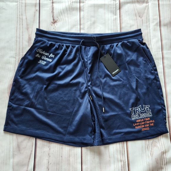 NWT True Religion "Embroidered Jersey Mesh Sweat Shorts" Navy Blue | Men's 3XL - Picture 5 of 13